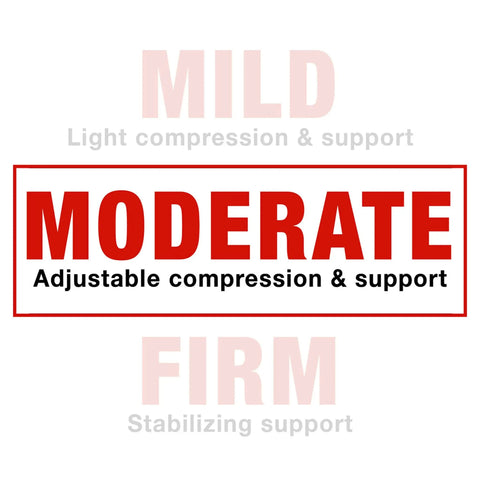 Graphic showing 'Moderate Adjustable Compression & Support' related to Two Strap Adjustable Ankle Support With Moderate Compression For Pain Relief And Injury Recovery, All Day Comfort So You Stay Active, Fits Left Or Right Ankle, One Size, Black.