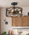Black Drum Ceiling Light Modern Semi Flush Mount 3-Light Fixture for Bedroom Dining Room Kitchen and Hallway Farmhouse Style with Wood Grain Look Round Metal Shade 13-Inch Ceiling Lamp in a kitchen setting.