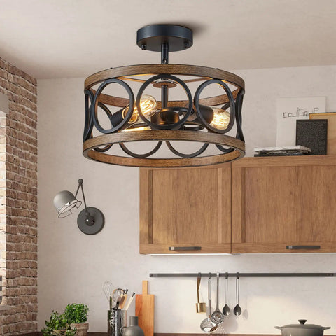 Black Drum Ceiling Light Modern Semi Flush Mount 3-Light Fixture for Bedroom Dining Room Kitchen and Hallway Farmhouse Style with Wood Grain Look Round Metal Shade 13-Inch Ceiling Lamp in a kitchen setting.