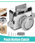 Push Button Latch Kit for RVs and Campers, 5 Pack Cabinet Locks and Door Catches, chrome latch with screws and installation diagrams