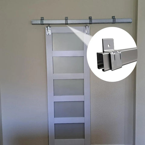 Heavy Duty Box Rail Hanger Bracket For Exterior Barn Doors Rail Mount Hardware With Included Bolts Silver 4 Pack, installed view