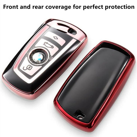 BMW Key Fob Cover With Soft TPU Case Advanced Silver Key Box for X1 X3 X5 X6, front and rear view showing protection features.