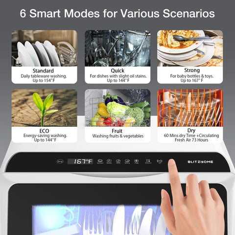 6 smart modes display for No Sweat Portable Countertop Dishwasher With Slick Wifi App Control, easy access to settings.