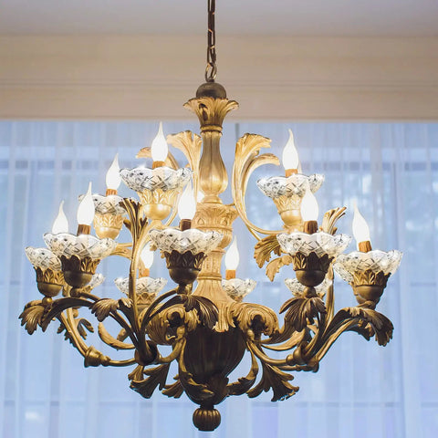 Elegant crystal chandelier with ornate gold frame featuring Six Pack 4 Inch Crystal Chandelier Bobeche Cups With Four Side Holes Replacement Parts For Crystal Chandeliers Home Decor Wedding Party Decor Elegant Sparkle Clear.