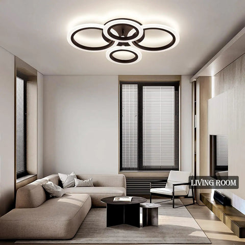 Modern living room with 34W Dimmable LED Ceiling Light With Four Ring Black Flush Mount 3000K To 6000K Color Temp Remote Control 2720 Lumens