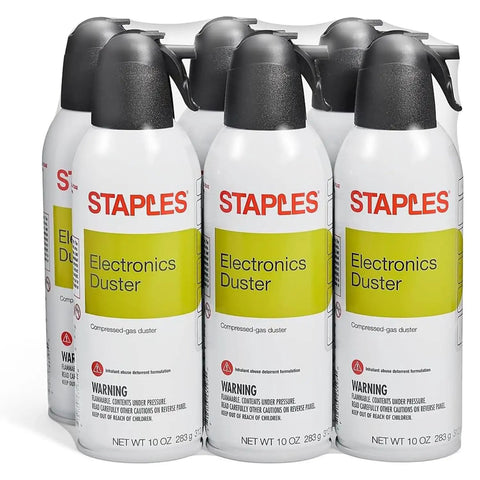Pack of six Staples Electronics Duster cans for cleaning with Heavy Duty Compressed Air Duster For Electronics And Office Gear Dust Keyboards PCs Laptops Printers And Gaming Consoles With Moisture Free Residue Free Formula No Mess.