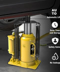 Top Shelf Pneumatic Air Bottle Jack With 20 Ton Capacity And Manual Hand Pump Plus Air Pump For Heavy Duty Cars And Trucks offering sturdy yellow design and automatic lifting features.