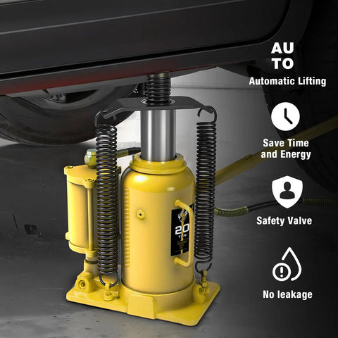 Top Shelf Pneumatic Air Bottle Jack With 20 Ton Capacity And Manual Hand Pump Plus Air Pump For Heavy Duty Cars And Trucks offering sturdy yellow design and automatic lifting features.