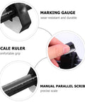 Dead On Precision Carpentry Scriber Mortise Marking Gauge For Seamless Woodworking Layout and No Sweat Parallel Line Drawing Measuring Tool close-up of marking gauge features and scale ruler.