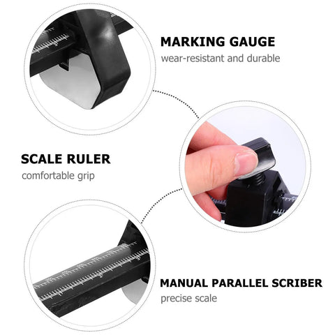 Dead On Precision Carpentry Scriber Mortise Marking Gauge For Seamless Woodworking Layout and No Sweat Parallel Line Drawing Measuring Tool close-up of marking gauge features and scale ruler.