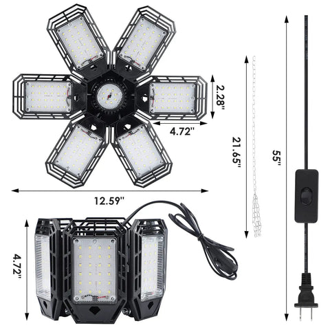 160W Garage LED Light With 6 Adjustable Heads And 180 Degree Coverage Deformable Panel Design Energy Saving Black Ceiling Fixture