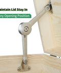Heavy Duty Lid Support Hinge With Soft Close For Toy Boxes And Cabinets, Kitchen Lids And Wardrobes, 40 Lb Capacity, Zinc Alloy Satin Nickel Finish installed on wooden box