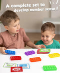 Children using Ten Frame Math Manipulative Set For Elementary Kids, colorful frames and task cards on table, Montessori style educational toy.