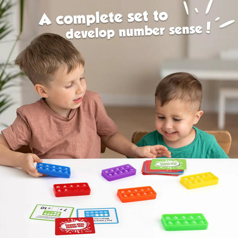 Children using Ten Frame Math Manipulative Set For Elementary Kids, colorful frames and task cards on table, Montessori style educational toy.