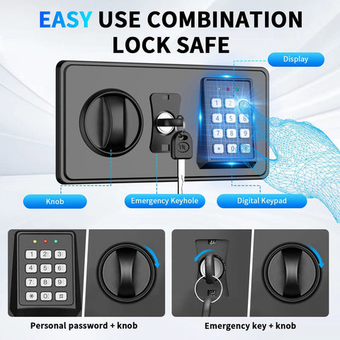 Display showing digital keypad and lock features of 7.5 Cuft Large Fireproof Home Safe With Digital Keypad And Two Doors Hidden Compartment