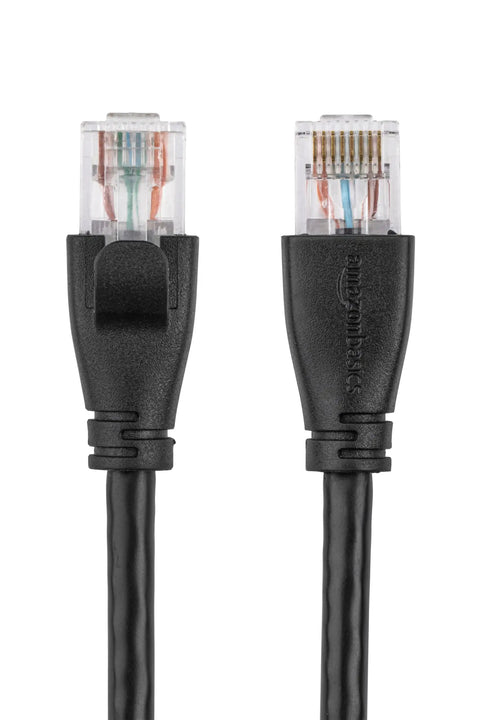 Cat6 Ethernet Patch Cable 25 Ft Long With Gold-Plated RJ45 Connectors, black cable ends shown close up
