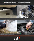 4 symptoms of a falling oil pan, including visible oil leak, overheating engine, blue smoke, and low oil level indicators.