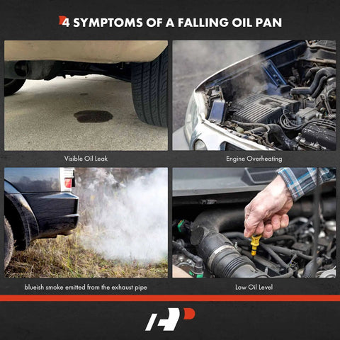 4 symptoms of a falling oil pan, including visible oil leak, overheating engine, blue smoke, and low oil level indicators.