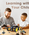 ESP32 Powered Smart Robot Car Kit For Kids And Teens Ages 8 To 16 Arduino And Scratch Compatible App Controlled STEM Coding Toy Hands On Robotics Learning With 16 Story Tutorials A Totally Cool STEM Gift, father and child building robot car
