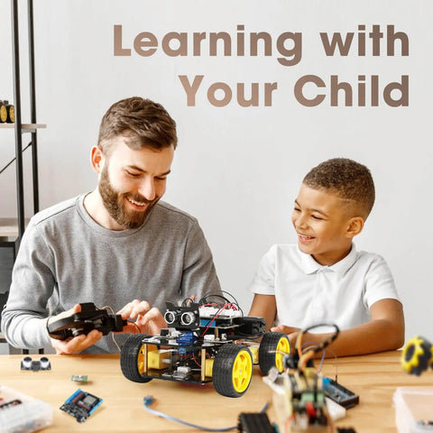 ESP32 Powered Smart Robot Car Kit For Kids And Teens Ages 8 To 16 Arduino And Scratch Compatible App Controlled STEM Coding Toy Hands On Robotics Learning With 16 Story Tutorials A Totally Cool STEM Gift, father and child building robot car