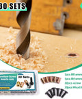 Heavy Duty Wood Furniture Threaded Inserts Set 30 Pieces with drill, nuts, and screws displayed on wood surface.