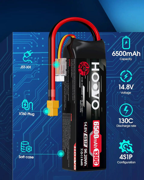 4S LiPo Battery Pack 14.8V 6500mAh 130C RC Power with XT60 Plug