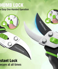 Close-up of Bypass Pruning Shears 8.5 Inch With Non Slip Grip Handle, showing thumb lock feature and high carbon steel blade.