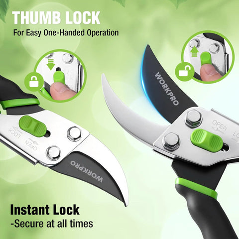 Close-up of Bypass Pruning Shears 8.5 Inch With Non Slip Grip Handle, showing thumb lock feature and high carbon steel blade.