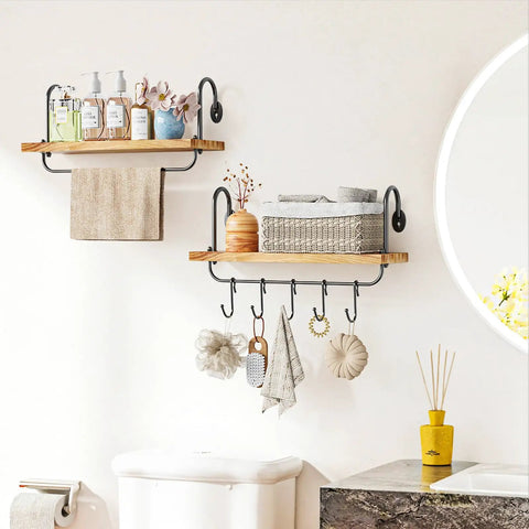 Legit Pine Wood Floating Wall Shelves With Ten Adjustable Mug Hooks For Your Best Coffee Bar Setup Yet Rustic Industrial Brackets And Heavy Duty Storage Rack Totally Kick Up Your Kitchen Or Bathroom Walls. Floating shelf with towels and decorative items.