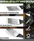 Front view: two-piece stainless steel mini spatula set for kitchen use with bevel-edged, smooth blades.