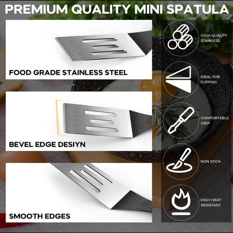 Front view: two-piece stainless steel mini spatula set for kitchen use with bevel-edged, smooth blades.