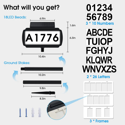 Diagram showing parts of Solar Address Sign With LED Illuminated House Numbers, Outdoor IP65 Waterproof Plaque with dimensions and components