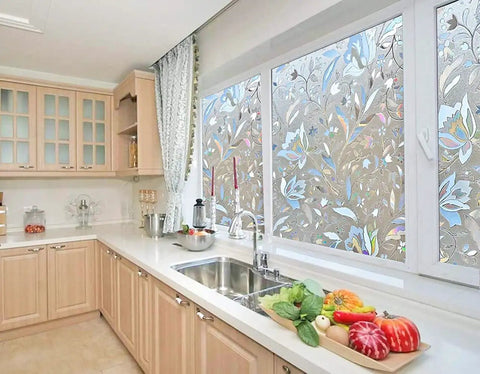 Privacy Window Film With Quick Install Tools Floral 3D Frosted Glass Cling For Bathroom And Home Stained Glass Style Tulip Pattern Decor covering kitchen window.
