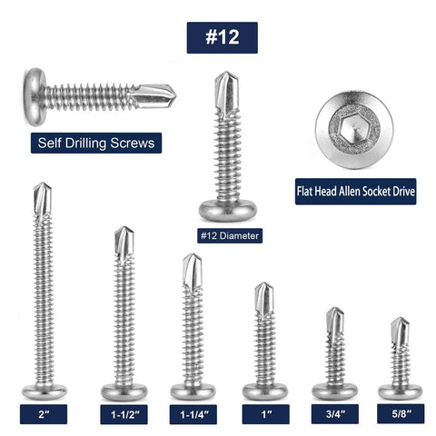 Premium Heavy Duty Size 12 X 2 Inch Flat Head Tek Screws 100 Pack 410 Stainless Steel Self Tapping Fasteners shown in various lengths.