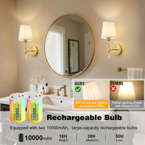 Gold Cordless Wall Sconces Set Of Two Battery Operated Rechargeable Dimmable Led Lamps With Fabric Shades illuminating a bathroom mirror.