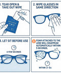 Ageantscom anti-fog wipes for glasses instruction card with four blue panels showing tear-open, wipe, wait, fog-free result.