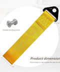 Heavy Duty Racing Tow Strap And Nylon Towing Rope For Jdm Sports Cars, Universal Front Or Rear Bumper Recovery Line, 2000 Pound Towing Pull With Badass Construction And No Nonsense Grip In Bold Yellow, showing dimensions and mounting screws.