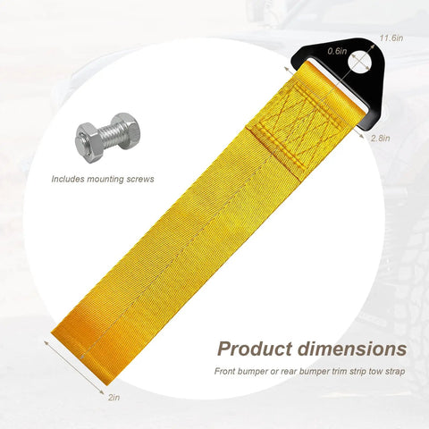 Heavy Duty Racing Tow Strap And Nylon Towing Rope For Jdm Sports Cars, Universal Front Or Rear Bumper Recovery Line, 2000 Pound Towing Pull With Badass Construction And No Nonsense Grip In Bold Yellow, showing dimensions and mounting screws.