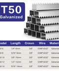 Heavy Duty T50 Staples In 20 Gauge Galvanized Steel With 6000 Pieces Mixed Size Set displayed with specs for various models.