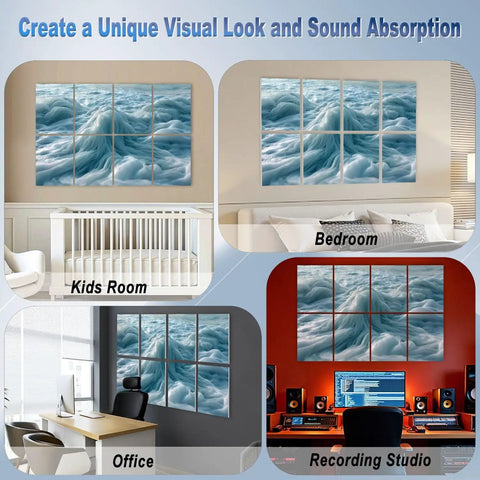 8 Pack Dreamy Blue Ocean Wave Acoustic Wall Panels Self Adhesive Sound Absorbing Home Studio Essentials in bedroom and office.
