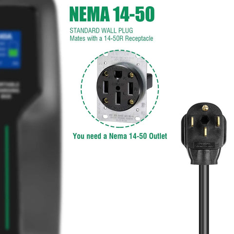 Image of NEMA 14-50 outlet and plug, part of the 40 Amp Level 2 EV Charger Portable 9.6kW With NEMA 14 50 Outlet, 25ft Cable, LCD Display