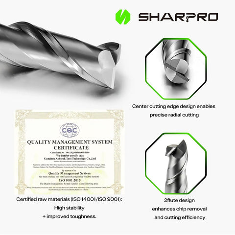 Close-up of 1/4 Inch Shank 2 Flute Carbide Square Endmill Upcut Router Bit With AlCrN Coating, showcasing cutting design and certification.