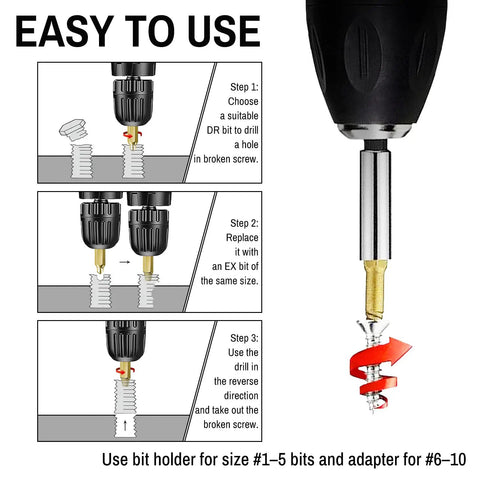 Instructions for using Heavy Duty Screw Extractor Set With Titanium HSS 6542 Bits For Getting Rid Of Broken Bolts, Rusted Screws, And Stripped Nuts, Drill Compatible Easy Out Kit For DIYers And Pros, 22 Pieces, Built For Tough Jobs And Long Lasting Use