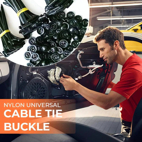 Nylon Universal Cable Tie Buckles Kit 100 Pcs used for car repair, engineer installs fasteners, showing ties and buckles.