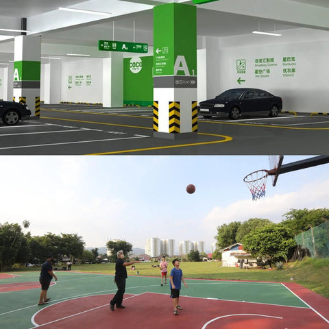 No-Bend Dual Line Floor Tape Marking Tool With Standing Pasting Dispenser For Masking Tape, Painter Roller Ready, Quick Straight Lines On Floors, Walls, Gyms And Warehouses, Pain-Free Back-Saving. parking and basketball court line marking example