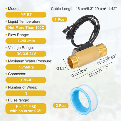 G One Half Inch Brass Hall Effect Water Flow Sensor With PTFE Tape For Heaters, Dispensers, Purifiers And Vending Machines, 1 To 25 LPM