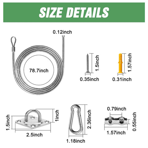 Shade Sail Hardware Winch Kit 60 Piece Stainless Steel Set size chart with 78.7-inch wire and mounting hardware