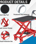 Red hydraulic lift table cart with black non-slip pad, 500 lb capacity, scissor lift, four casters