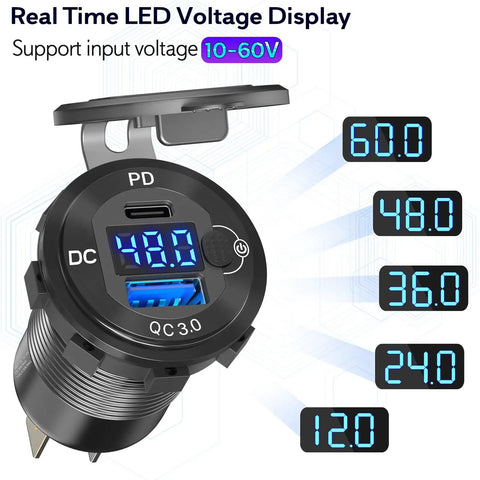 Badass Heavy Duty High Voltage USB Power Adapter 12V To 60V Aluminum Cigarette Lighter Socket with real time LED voltage display.