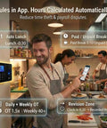 Straight Up Plug And Play Biometric Fingerprint Time Clock displayed in a restaurant setting syncing with a mobile app.